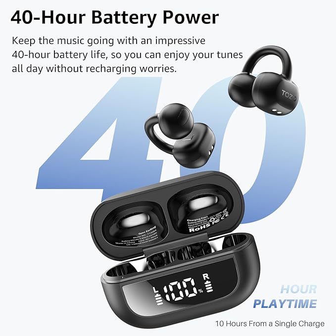 TOZO OpenEarRing True Open Ear Earbuds, Lightweight Comfort Open Ear Clip Wireless Earbuds, 40H Play Bluetooth 5.4 Headphones with Smart Digital Display Design Fit Sports Running, Workout Black