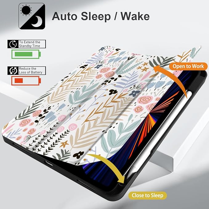 DONGKE Case for 2022/2021/2020/2018 iPad Pro 11 inch Gen 4/3/2/1 - Slim Protective Case - Built in Pencil Holder Support Charging - Trifold Stand & Sleep/Wake Cover - Tiny Flowers