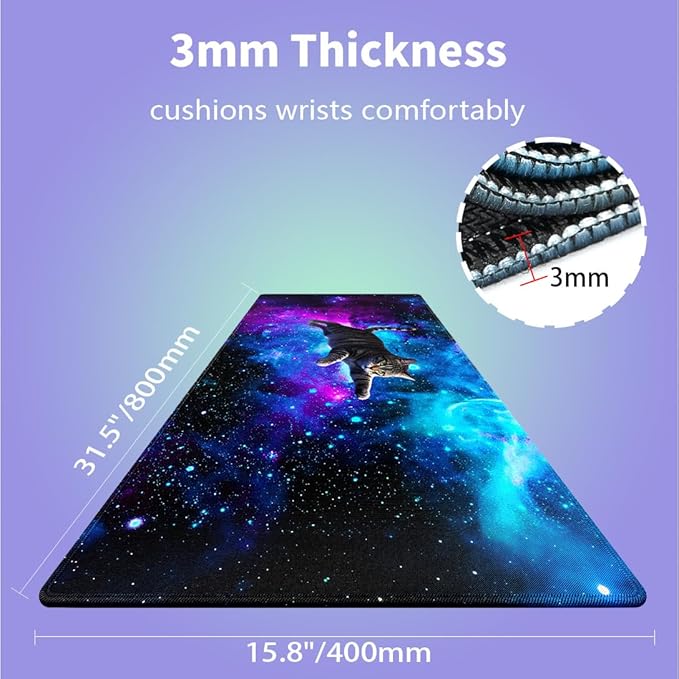 Large Gaming Mouse Pad (31.5" x 15.8") - Cute Flying Space Cat Funny Lovely Kitten Playing Blue Purple Galaxy Nebula, Extra XXL Extended Office Accessories, Premium Stitched Anti-Slip Desk Mat