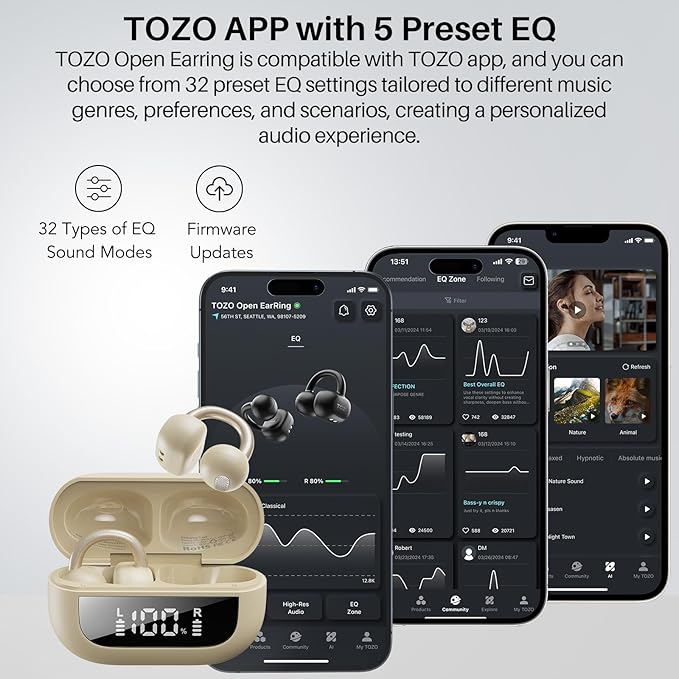 TOZO OpenEarRing True Open Ear Earbuds, Lightweight Comfort Open Ear Clip Wireless Earbuds, 40H Play Bluetooth 5.4 Headphones with Smart Digital Display Design Fit Sports Running, Workout Khaki
