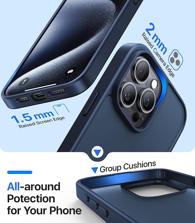 for iPhone 15 Pro Max Case[Military-Grade Drop Protection][Anti-Yellowing] Shockproof Protective Translucent Matte Cover for iPhone 15 Pro Max Phone Case,Deep Blue