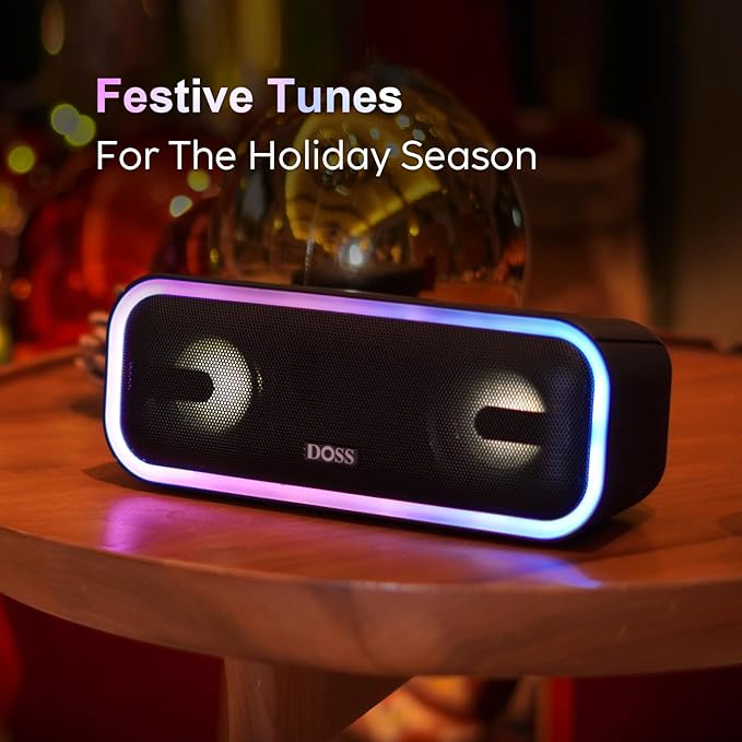 DOSS SoundBox Pro+ Bluetooth Speaker, Immersive 24W Stereo Sound with Booming Bass, IPX6 Waterproof, 15H Playtime, Mixed Colors Lights, Wireless for Backyard, Hiking, Garage, Party-Grey