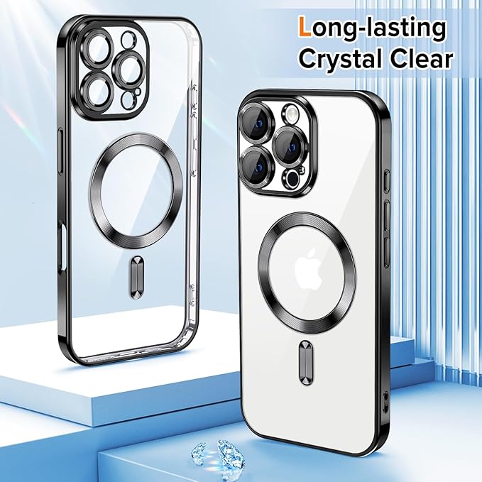 Hython Magnetic Clear for iPhone 16 Pro Case with Camera Lens Protector [Compatible with MagSafe] Luxury Plating Edge Slim Soft TPU Cover Protective Phone Case for iPhone 16 Pro 6.3", Black