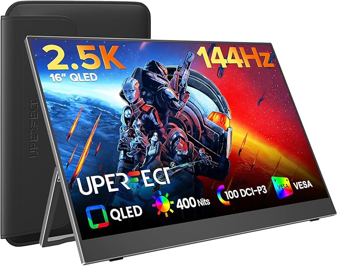 UPERFECT Portable Gaming Monitor 144Hz 2.5K, 16” 100% DCI-P3 QLED Portable Monitor, 400 Nits FreeSync Monitor, USB-C & MINI HDMI, VESA & Case, Travel Second Screen for Laptop, Computer, Game Consoles