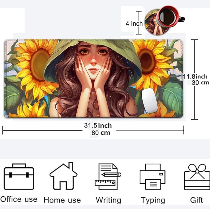 Large Mouse Pad, 31.5 x 11.8in Extended Gaming Mouse Pad with Stitched Edges, XXL Mousepad Protector Non Slip Rubber Base for Office and Home Writing Mat, Anime Sunflower Girl Pattern Desk Mat