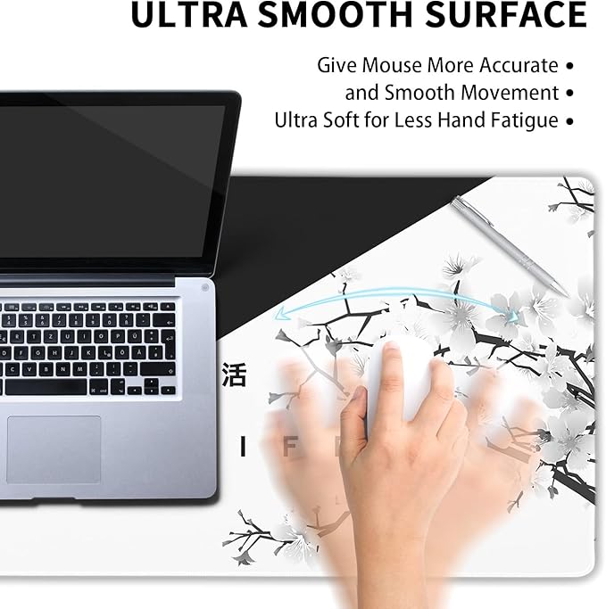 Black White Cherry Blossom Mouse Pad Japanese Sakura Death Life Extended Desk Mat 90X40 CM Non-Slip Rubber Base Stitched Edge Large xxl Playmat for Gaming Laptop Computer Office Desktop,35.4×15.7 Inch