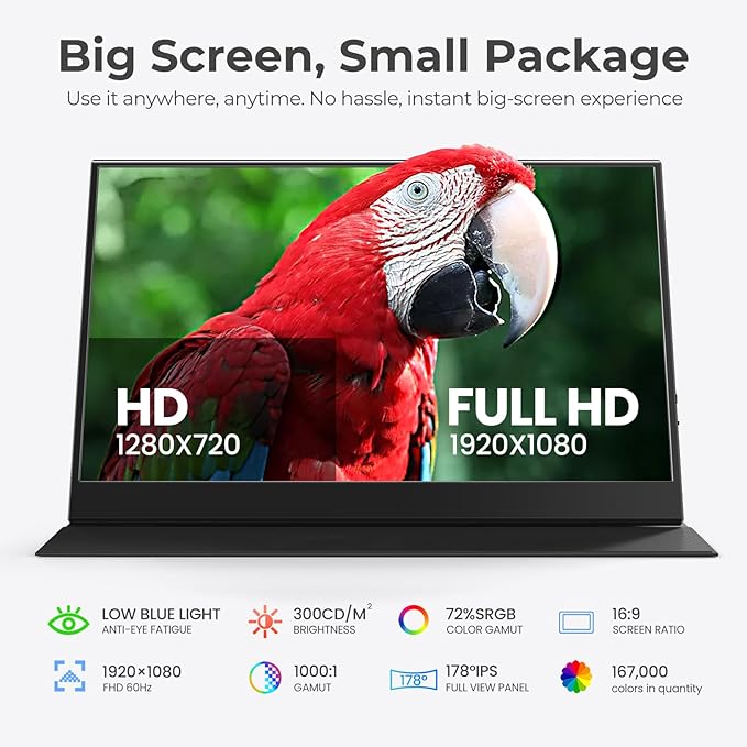 UFYQL Portable Monitor for Laptops - 15.6 -inch FHD 1080P IPS Screen, Built-in Speakers, USB-C/HDMI, Includes Protective Case, Compatible with Laptops, MAC, PC, Phones, PS4/5, Xbox, Switch