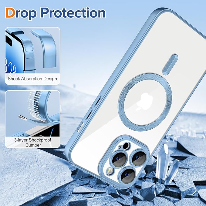 Hython Magnetic Clear for iPhone 14 Pro Max Case with Camera Lens Protector [Compatible with MagSafe] Plating Edge Slim Soft TPU Cover Protective Phone Case for 14 Pro Max 6.7", Matte Light Blue