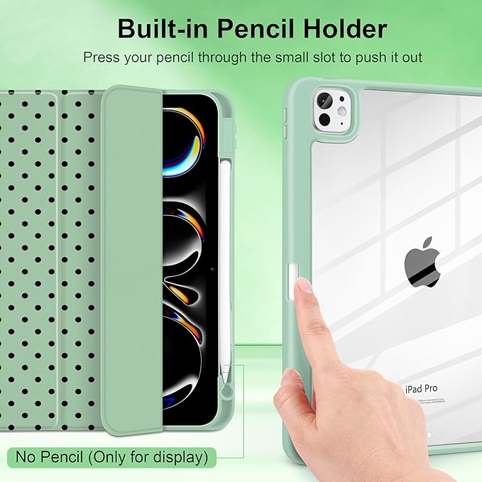 Case for iPad Pro 11 Inch (M5 2025 M4 2024) – [Built-in Pencil Holder], Shockproof & Stylish, Clear Hard Back + Soft TPU Edge, Magnetic Trifold Stand, Auto Wake/Sleep, Green Polka dot