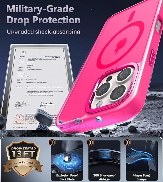 Newfuture Designed for iPhone 16 Pro Case with Magnetic [13 FT Military Drop Protection] [Compatible with Magsafe] Slim Translucent Matte Shockproof with Anti-Fingerprint Phone Case,Hot Pink