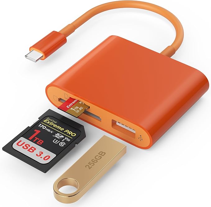 SD Card Reader, USB 3.0 Type C High Speed to SD/TF Card Adapter for iPhone 17/16/15 Pro Max Memory Card Reader with SD MicroSD USB 3 Port for Mac/iPad/MacBook Pro/Air Android Phone Tablet (Orange)