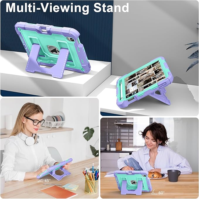 Kids Friendly Case for Apple iPad mini 7 A17 Pro 2024/iPad Mini 6 2021 8.3 Inch 7th/6th Gen Case with Pencil Holder & Shoulder Strap, Shockproof Kickstand Hard Shell Protective Cover,Purple+Mint