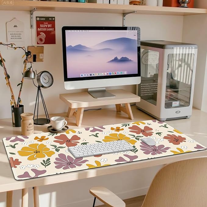 ARTSO Extended Gaming Mouse Pad, Cute XXL Large Keyboard Mat, Flower Long Mousepad Desk Decor Writing Pad Non Slip Rubber Base Stitched Edges for Office, Home, 35.4×15.7 in