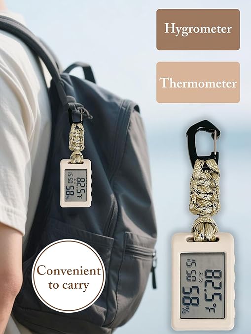 Mini Humidity Meter Indoor Outdoor Hygrometer Thermometer Portable Room Temperature Monitor with Small Digital Clock, Thermometer and Humidity Gauge for Camping Cellar Closet Home