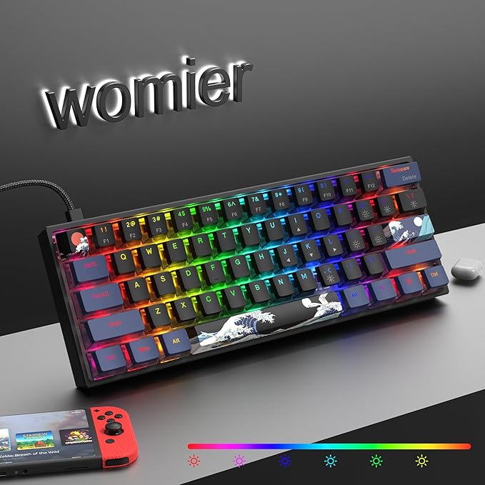 Womier 60% Percent Keyboard Gaming, WK61 V2 Creamy Mechanical Wired Keyboard Anime, Hot-Swappable RGB Key Board with PBT Keycaps for Windows PC Gamers - POM Linear Red Switch(Black Kanagawa)