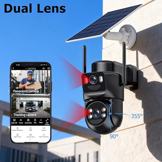 Dual Lens Solar Security Cameras Wireless Outdoor, 5G/2.4G WiFi 6, 360° View Pan/Tilt Home Security Camera with 6MP Color Night Vision, Motion Detection, 2-Way Audio, Spotlight Siren, Easy to Install