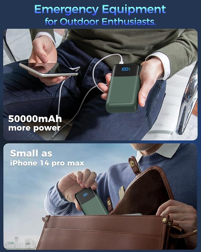 Portable Charger Power Bank 50000mAh, USB-C PD 30W Fast Charging External Battery Pack with 4 Outputs & 2 Inputs, Portable Phone Charger for iPhone 17/1615/14/13/12/11 Samsung Android (Dark Green)