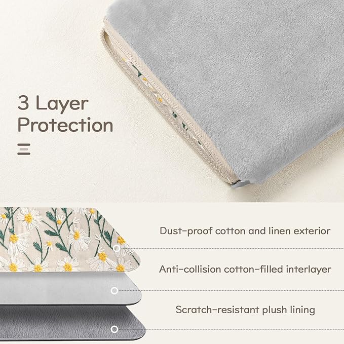 Dadanism 9-11 Inch Embroidered Daisy Padded Carrying Case Protective Tablet Sleeve for iPad A16 11th Gen 11"/10th Gen 10.9", iPad Air 11"/Pro 11"/Air 5th 4th 10.9", Galaxy Tab A11+ Plus 11", Beige