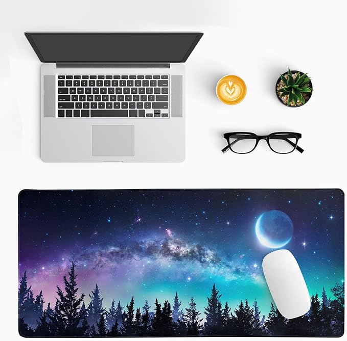 Extended Gaming Mouse Pad, XL Large Keyboard Mouse Mat Desk Pad, Stitched Edges Mousepad, 3mm Thick Long Non-Slip Rubber Base Mice Pad, 31.5 X 11.8 Inch, Forest Moon Galaxy