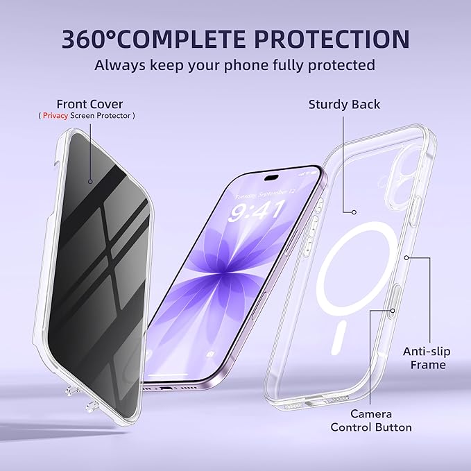 BERFY for iPhone 17 Case, Compatible with MagSafe, Built-in Privacy Screen Protector, Camera Protection, Shockproof Full Body Phone Case 6.3", Clear