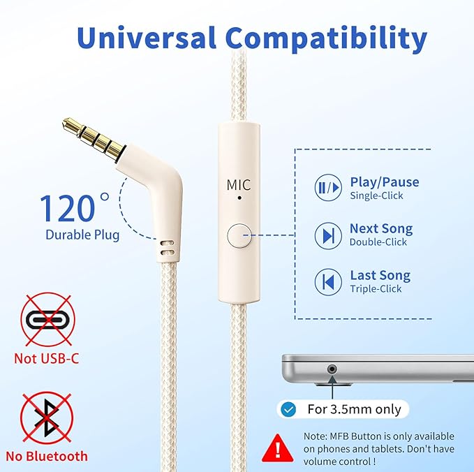 Botesty Sound Headphones Wired with Microphone, Over Ear Foldable 3.5mm Plug in Headphones Corded with 4.9ft Tangle-Free Nylon Cord for Tablet, Laptop, MP3/4, School, Airplane Travel (Beige)