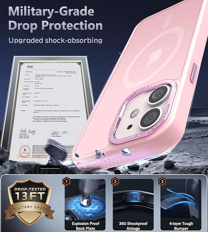 Newfuture Designed for iPhone 12 Case/iPhone 12 Pro Case with Magnetic [13 FT Military Drop Protection] [Compatible with Magsafe] Translucent Shockproof with Anti-Fingerprint Phone Case, Tender Pink