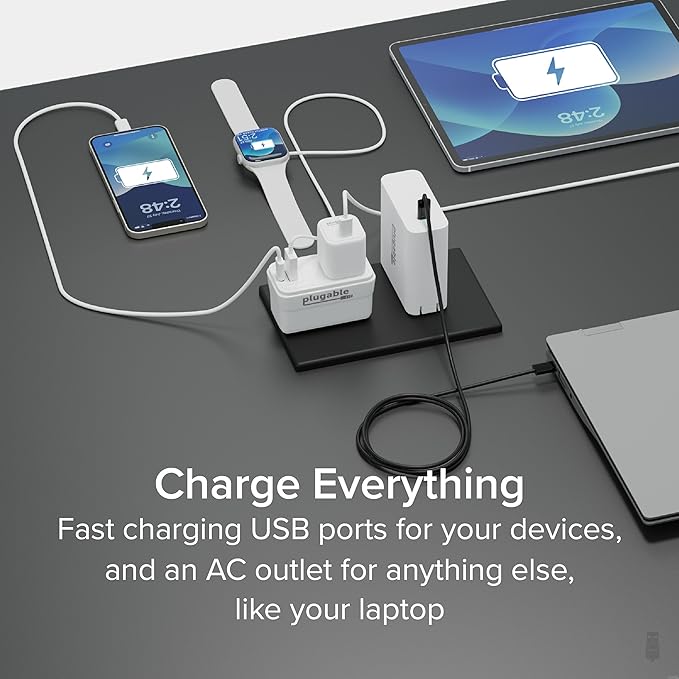Plugable Outlet Extender with USB-C & USB-A Fast Charging - Wall Charger Block for iPhone 15/16. Pass-Through Design, Travel & Office