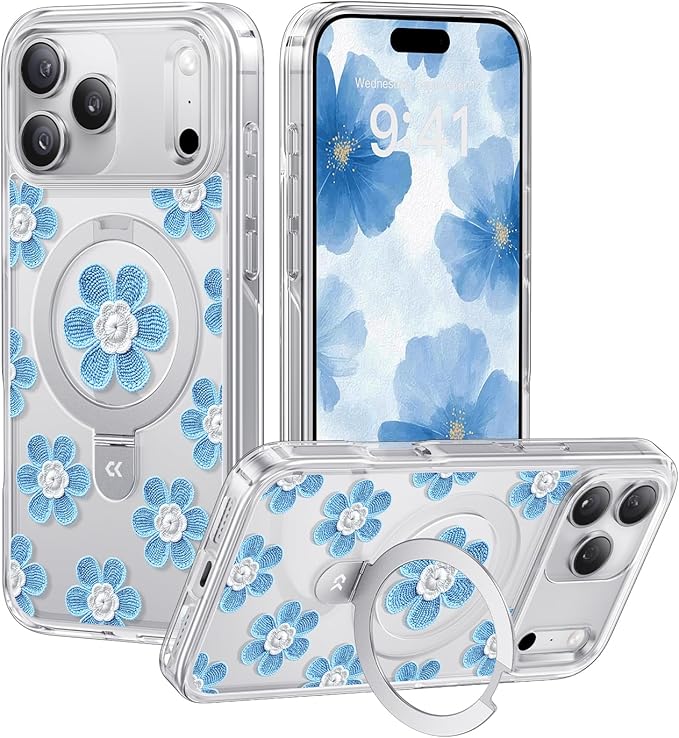 CASEKOO Floral Series Blue Flowers for iPhone 17 Pro Case with Magnetic Ring Stand [Compatible with MagSafe] [Military-Grade Protection] Fashion Clear Back, Soft Edge, for Women