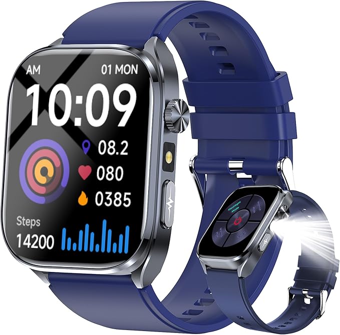 Advanced Health Smartwatch for Women Men with Real-Time Monitoring of Heart Rate, Sleep Quality and Stress Levels, Always-On Display，Bright Flashlight (Blue)