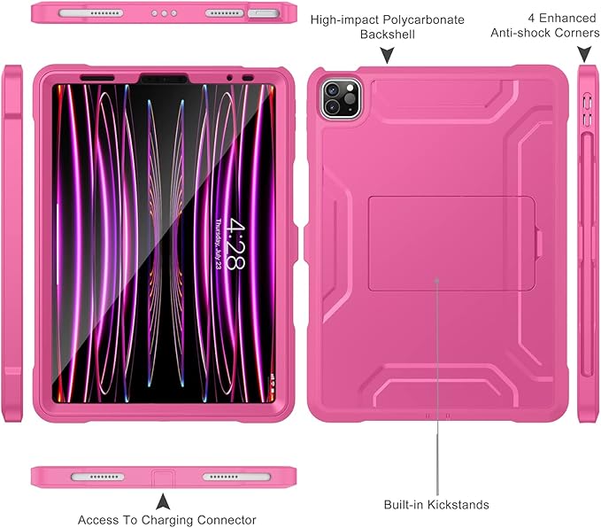 Soke Case for iPad Pro 11 Inch 2022/2021/2020/2018/iPad Air 5th/4th Generation,Built-in Screen Protector - Support 2nd Apple Pencil Charging - Heavy Duty Rugged Protective Kickstand Case - Hot Pink