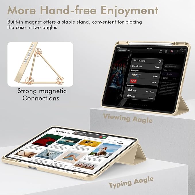 ZryXal New iPad Air 13 Inch Case M3 2025/M2 2024 with Pencil Holder, Trifold Stand Smart Case with Soft TPU Back,Auto Wake/Sleep(New Champagne Gold)