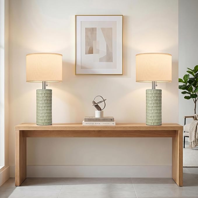 Reaketon Table Lamps for Living Room Set of 2, Ceramic Table Lamps for Bedroom, 20" Modern Lamps for Night Stands, Light Green