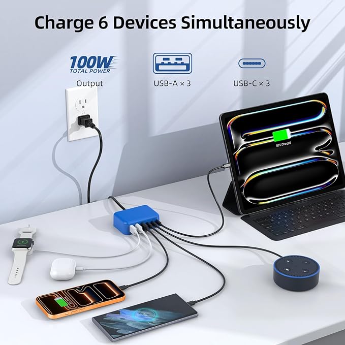 Updated USB C Fast Charger Block, 100W GaN 6 Port PD USB C QC USB A Wall Charger Adapter Plug Cube, Type C Charging Station Hub for iPhone 17 16 15 14 13 Pro Max iPad Samsung Pixel 5ft Extension Cord