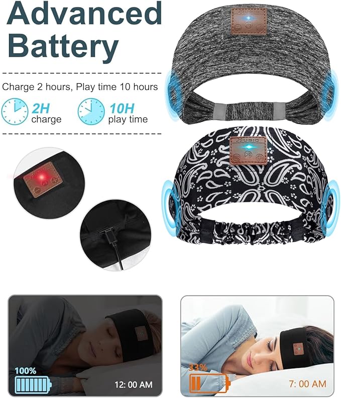 2-Pack Sleeping Headphones, Headband Headphones with Ultra-Thin HD Stereo Speaker, Bluetooth Headband for Sports, Workouts, Insomnia, Yoga, Air Travel, Meditation - Gray&Pattern Black