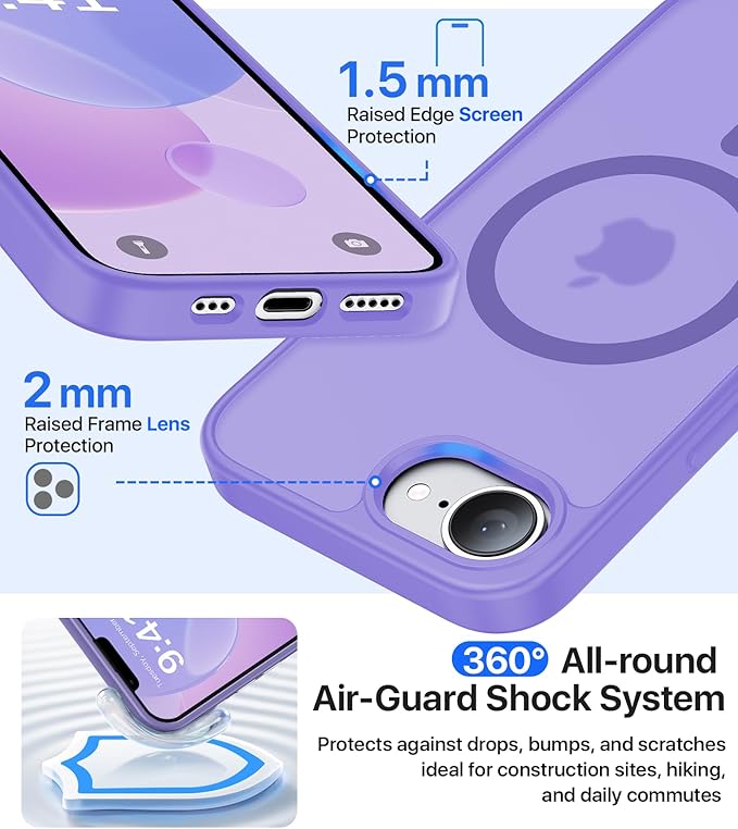 Eastinbox Magnetic Shockproof for iPhone 17e & iPhone 16e Case [Compatible with MagSafe] [Military-Grade Protection] Anti-Yellowing, Matte Protective Phone Case for iPhone 17 e/16 e 6.1",Light Purple