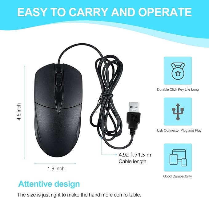 200 Black Wired Computer Mouse Bulk USB 1000 DPI 3 Button Corded Mouse with Home Office Noiseless Simple USB Mice for Computer Laptop Desktop PC (200)