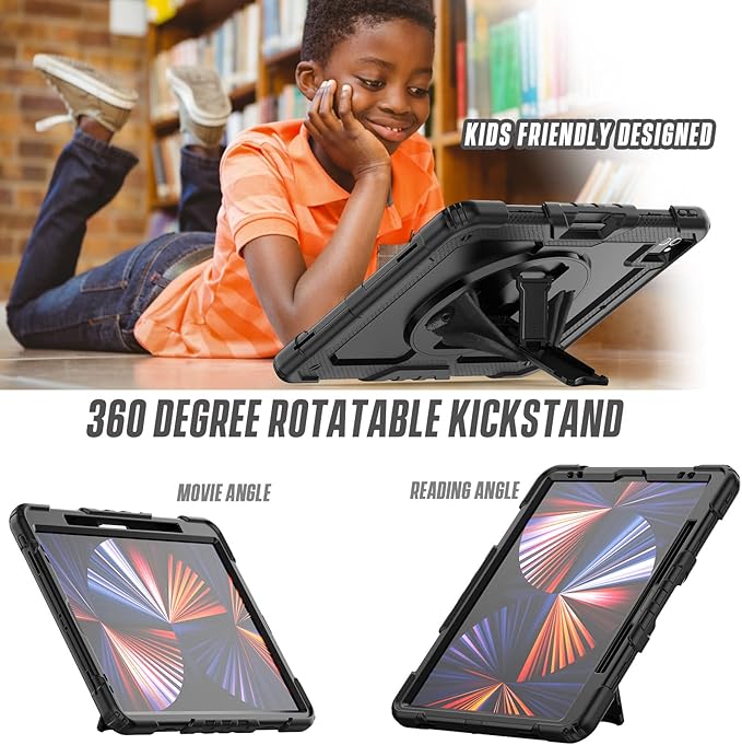Case Compatible with iPad Pro 12.9 inch 6th/5th/4th Generation with Screen Protector Pencil Holder | Full Body Shockproof Rugged Protective Rubber Case W/Stand Strap | Black