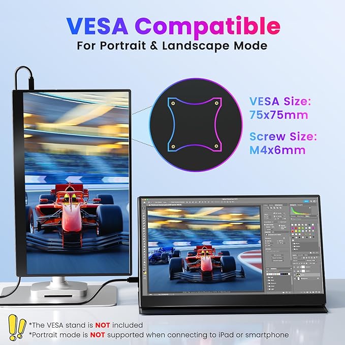 Upperizon Portable Monitor 15.6 inch 4K UHD 3840X2160 100% sRGB 60Hz HDR HDMI USB-C Travel Monitor for Laptop MacBook PC Surface PS5 Xbox, External Display with Full Cover & Speakers, VESA Compatible