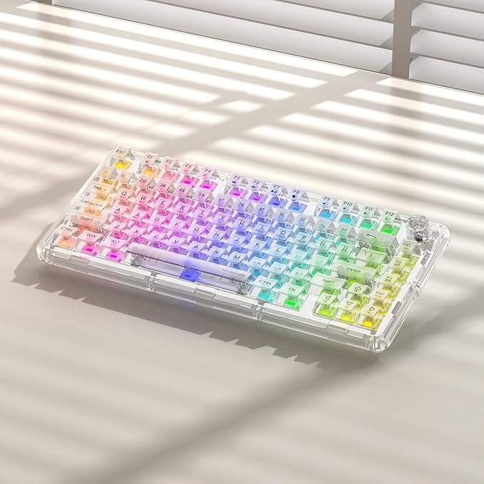 Transparent Mechanical Keyboard, RGB Backlit Wireless Creamy Gaming Keyboards, Hot Swap Customizable Clear Acrylic Design, 80-Key Quiet Linear Switches, 3 Modes BT5.0/2.4G/USB-C 4000mAh Battery, White