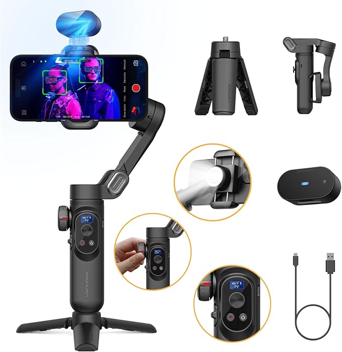 AOCHUAN Gimbal Stabilizer for iPhone with AI Vision Sensor for Face Tracking, 3-Axis Phone Gimbal w/OLED Display for Vlog Recording, Compatible with iPhone/Android-Smart XPro AI Black