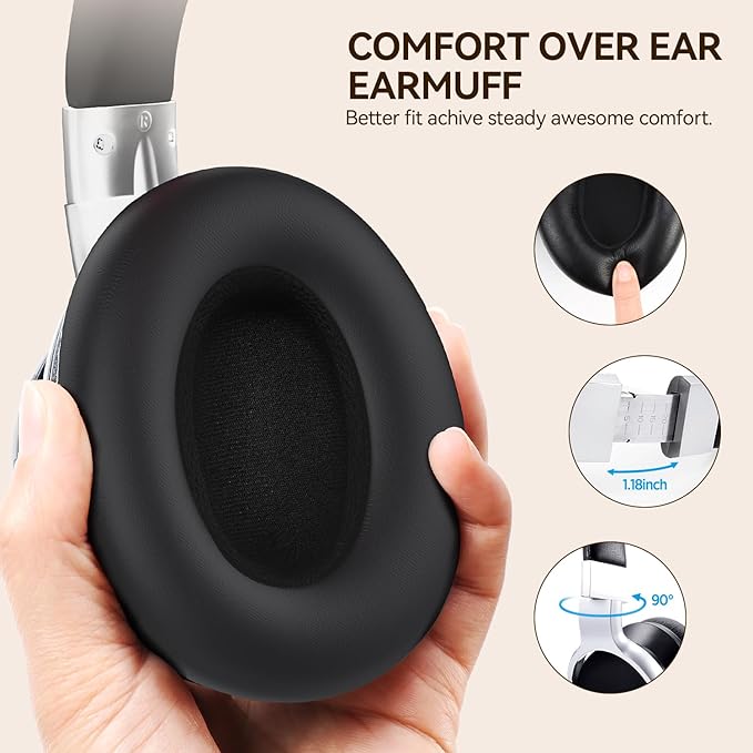 AUSDOM Bluetooth Noise Cancelling Headphones: E7 Wireless Over Ear ANC Headphones with Microphone, 50H Playtime, Hi-Fi Sound, USB C Charge, Comfortable Earpads for Travel Work Adults, Silver Black
