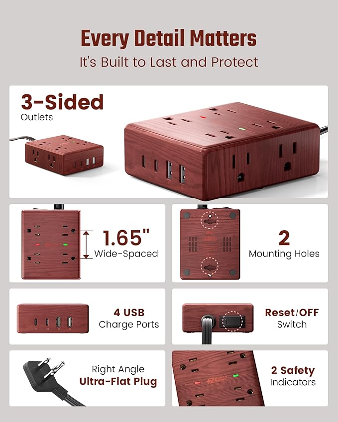 Brown Extension Cord 10Ft, Flat Plug Power Strip Surge Protector, 8 Outlet 4 USB Ports (2 USB C), Wall Mountable, Decorative Wood Charging Station for Home Office Desk Accessories —Wood Grain
