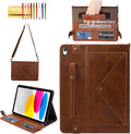 Handbag Case for iPad (A16) 11" 2025 & iPad 10th Gen 10.9", Techcircle Folio Stand PU Leather Multi-Card Slots Envelope Pocket Wallet Cover with Hand Strap+Shoulder Strap+Pen Holder, Coffee