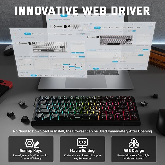 ATTACK SHARK X68 PRO HE Wireless Rapid Trigger Gaming Keyboard with Adjustable Actuation,8K Polling Rate,Hall Effect Magnetic Switch,Hot-Swap,RGB Backlit,BT/2.4GHz/Wired,for FPS Games-Black