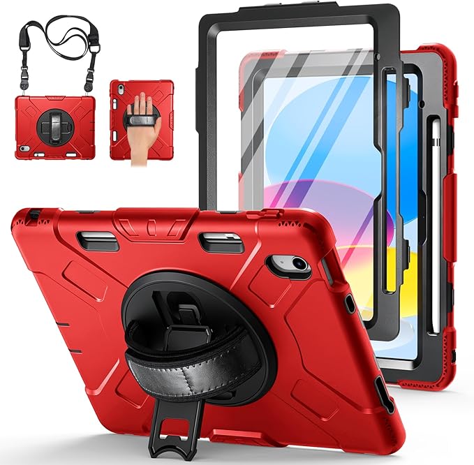 Case for iPad (A16) 11th/10th Generation Case: Protective Cover for iPad 11th Gen 11 Inch 2025 &10th Gen 10.9" 2022 with Screen Protector- Stand- Shoulder Strap- Handle- Pencil Holder-Black+Red