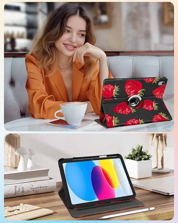 Kidcube for iPad 10th Generation Case 2022, for iPad (A16) Case 11th Generation 2025 - Women Girls Cute Rotating Stand Folio Cover with Pencil Holder & Card Slot Girly Kawaii Strawberry Design Cases