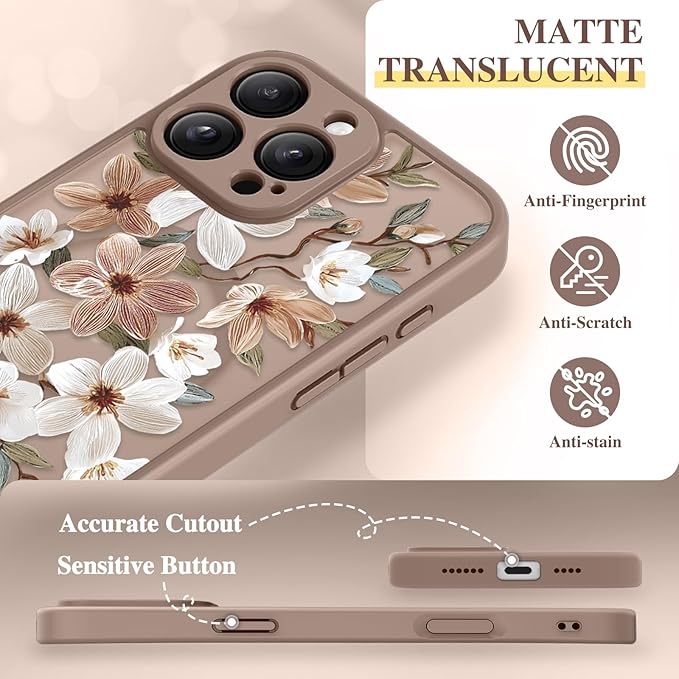 GVIEWIN for iPhone 16 Pro Case Compatible with MagSafe, [Military Grade Protection] [Screen Protector] Full Camera Protection Floral Translucent Women Magnetic Phone Case, Dogwood/Brown