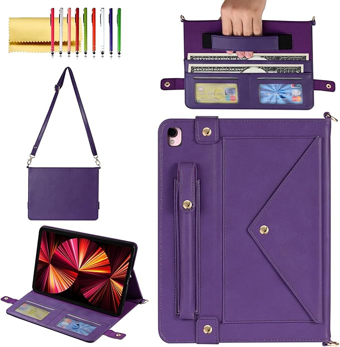 Handbag Case for iPad Pro/Air 10.5" & iPad 10.2" (2019-2021), Techcircle Folio Stand iPad Crossbody Wallet Case with Pencil Holder & Envelope Pocket, Hand Strap+Shoulder Strap Protective Cover, Purple