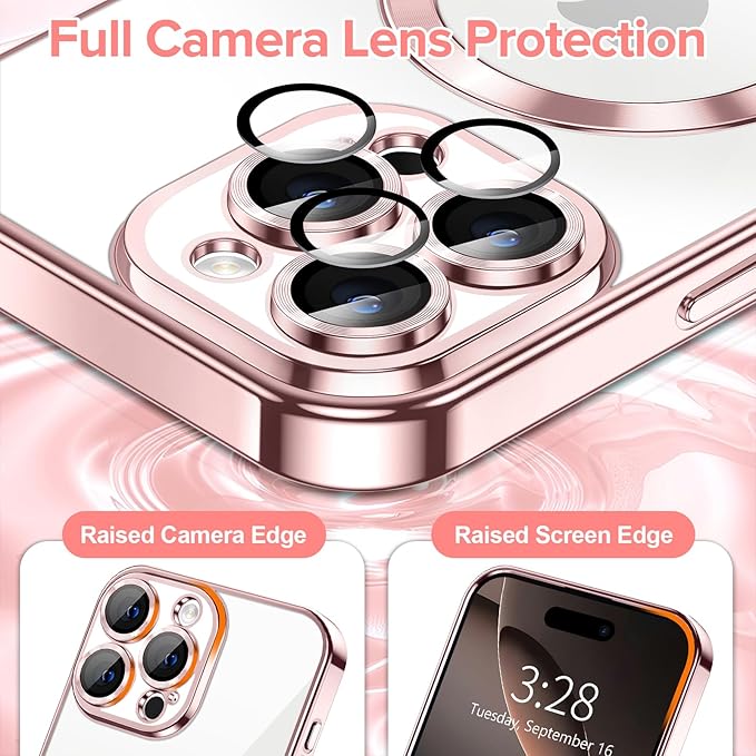 Hython Magnetic Clear for iPhone 16 Pro Case with Camera Lens Protector [Compatible with MagSafe] Luxury Plating Edge Slim Soft TPU Cover Protective Phone Case for iPhone 16 Pro 6.3", Pink