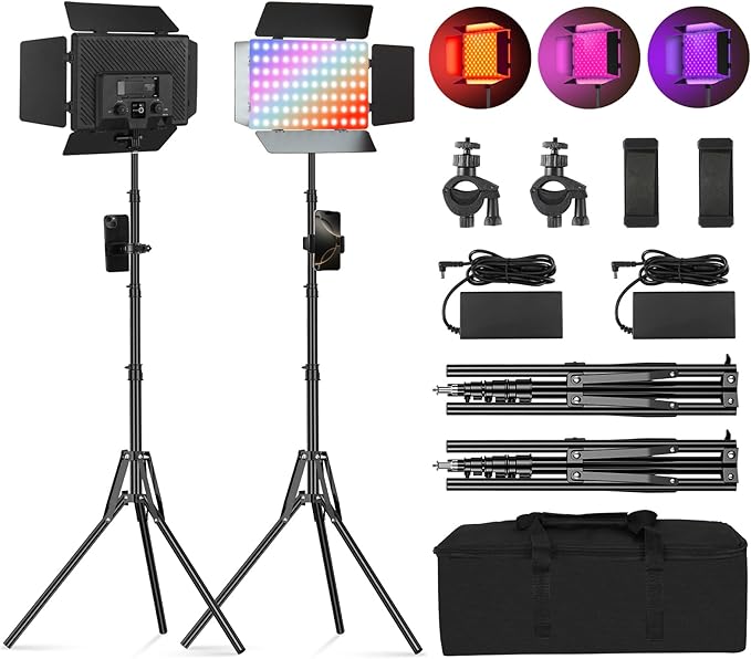 2Pack RGB LED Video Light Kit 12.6in with Barn Door, RGB Photography Light 20W/2500~8500K/14 Effect/2000lux@0.5m LED Panel Light Kit with Light Stand for Gaming Streaming Zoom YouTube Photography